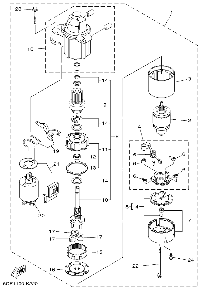 Yamaha F350BST, FL350BST STARTING MOTOR parts diagram